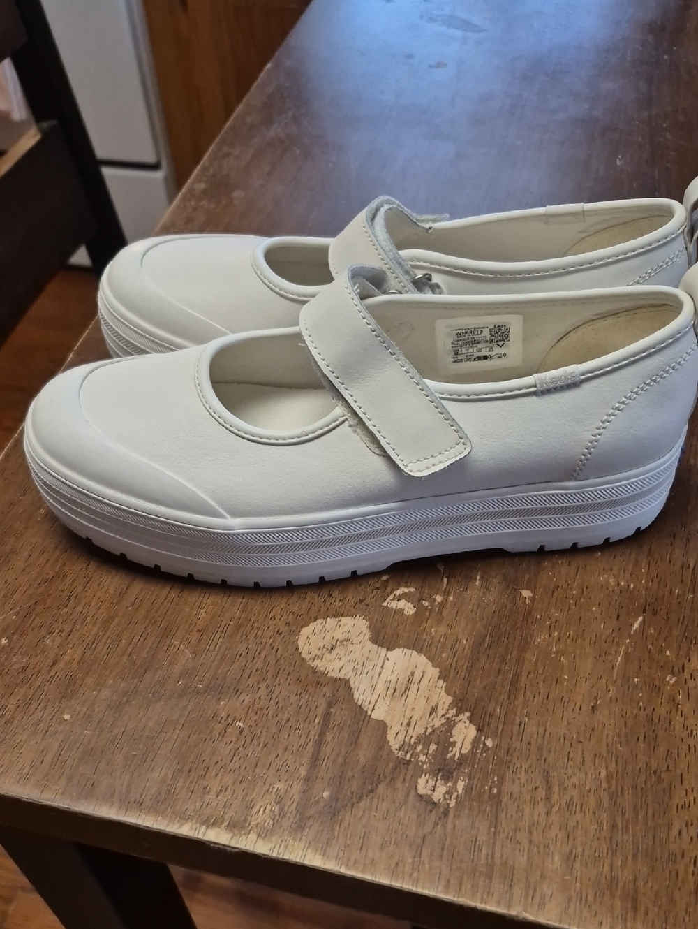 Keds Women's White Leather Mary Jane Platform Sneakers with Hook-and-Loop Strap